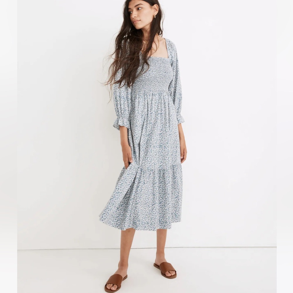 Lucie Elbow-Sleeve Smocked Midi Dress in Sunflower Field